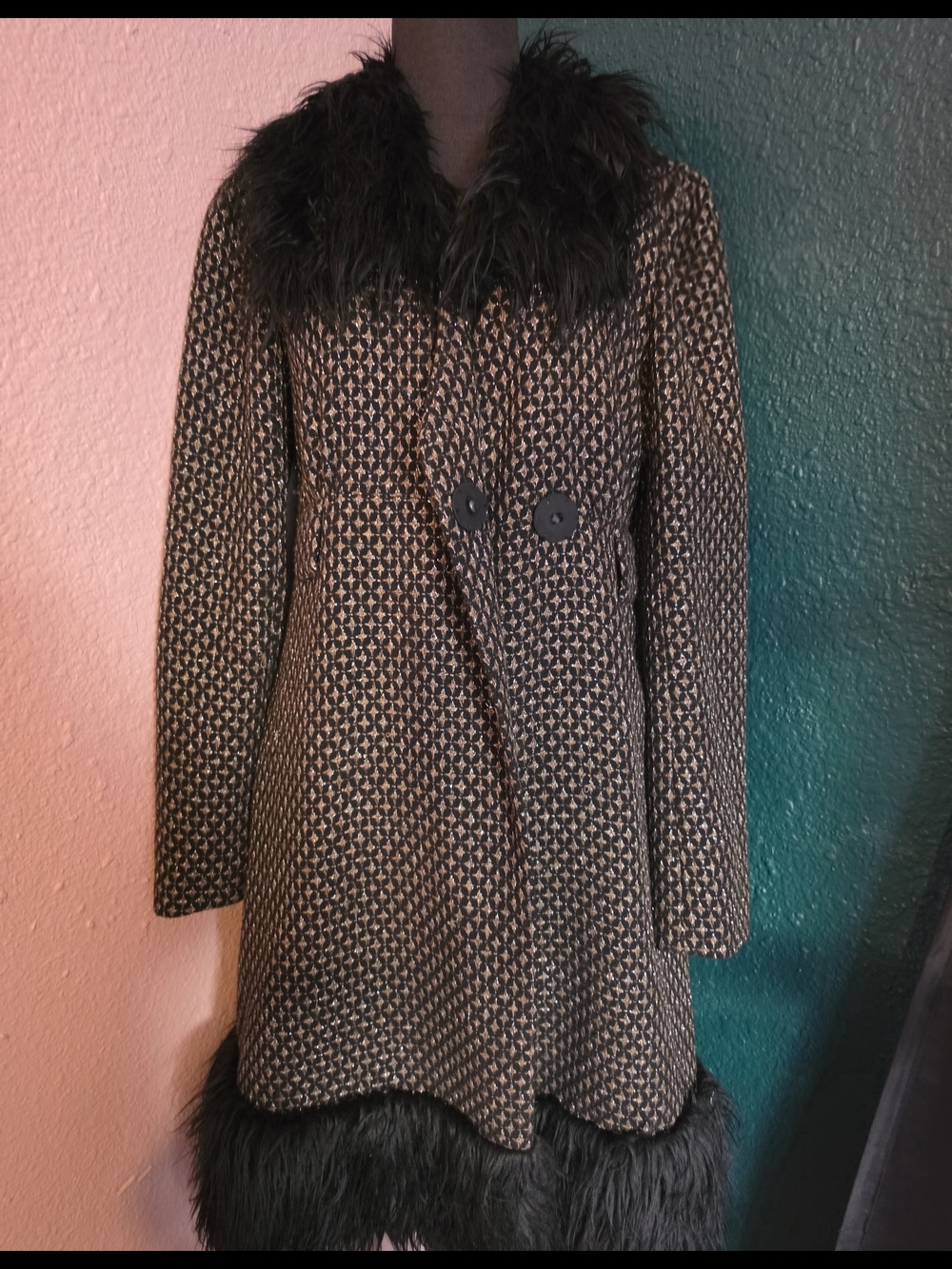 Betsey Johnson Black and Gold Tweed Coat with Faux Fur Trim